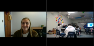 Science mentor Samantha Longridge interacts virtually with students in Mexia, Texas